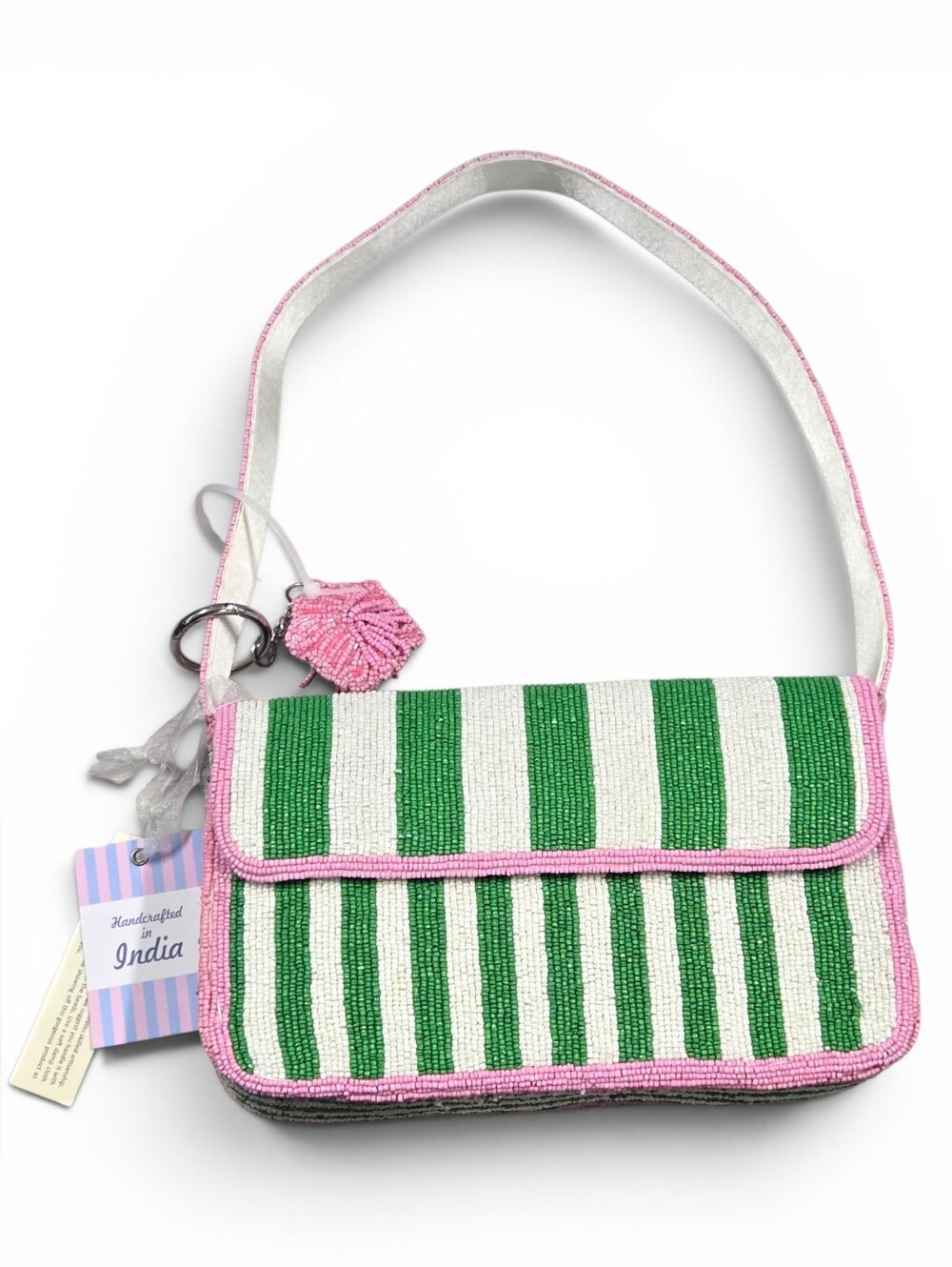 💚 Viral Beaded Summer Bag Striped Green, White, and Pink Shoulder Purse AKA
